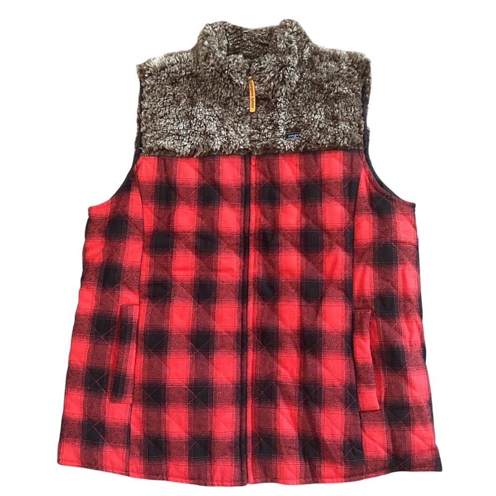 Simply Southern Buffalo Plaid Quilted Puffer Vest Sherpa Trim Red Black XL